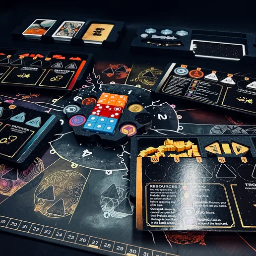 Board game Arcs insert and player dashboard.