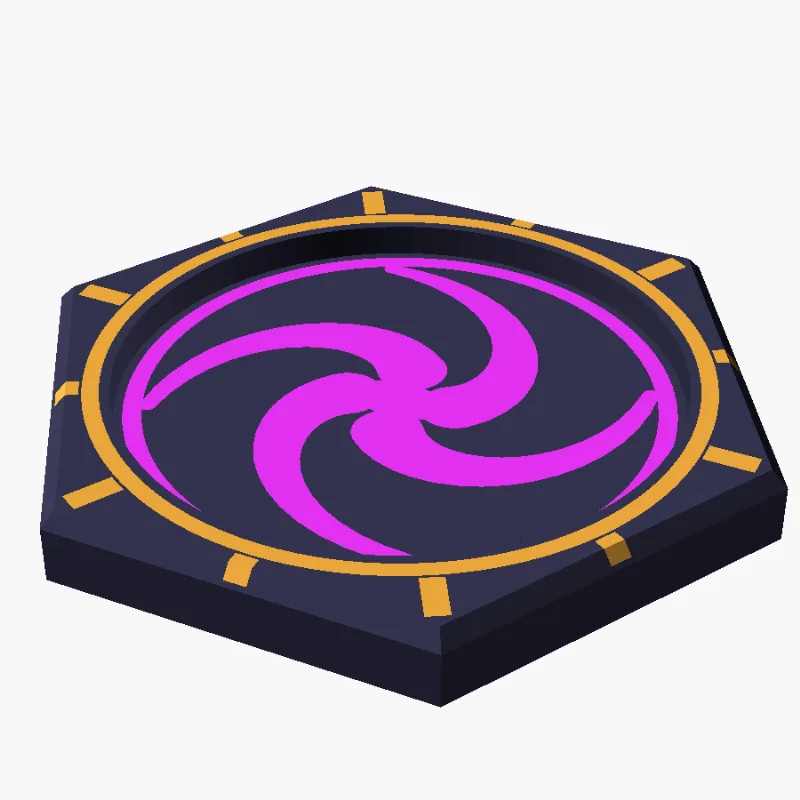 Cassandra Rift Overlay Hex Tokens — Frosthaven / Gloomhaven (3-colour, a mini stands on it)