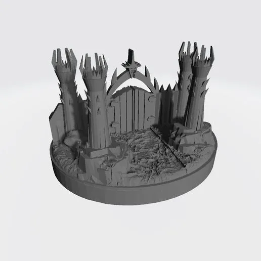 Dark Gate 3D miniature with two towers in front, detailed base for board games like War of the Ring