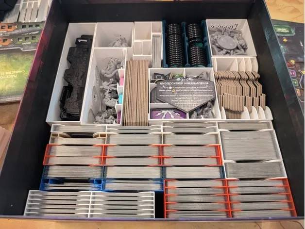 Nemesis Retaliation board game insert/organizer (remix) w/ sleeved cards, sangrevores, neoflesh, xyrians, support squad, stretch goals, terrain, untold stories 4, and acrylics
