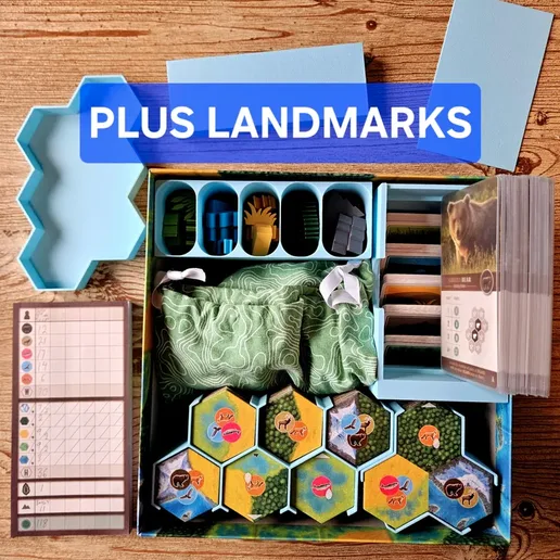 Cascadia + Landmarks Board Game Insert - Fits Sleeved Cards! No Lid Lift!