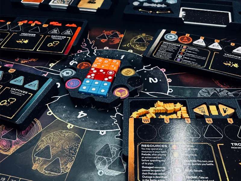 Board game Arcs insert and player dashboard.