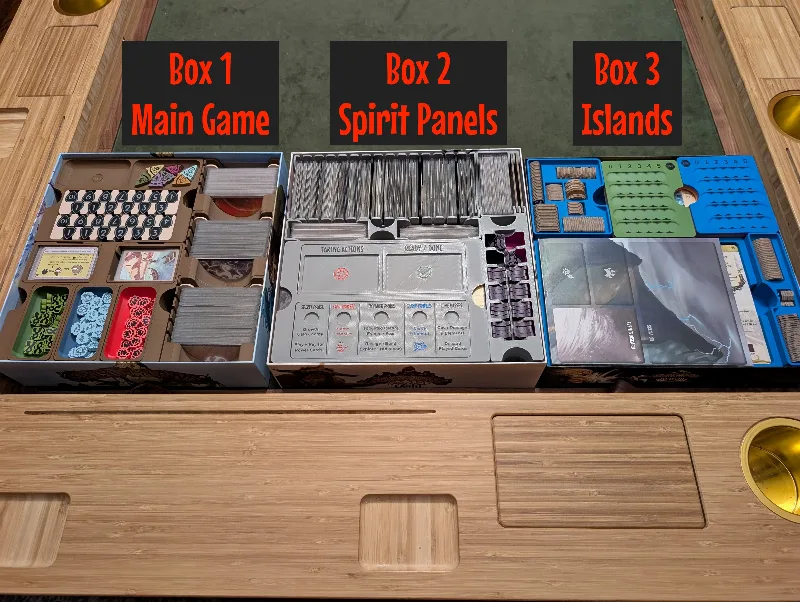 Nine Spirits' Islands – 3-box organizer for ALL Spirit Island content, optimized for 1 to 9+ players