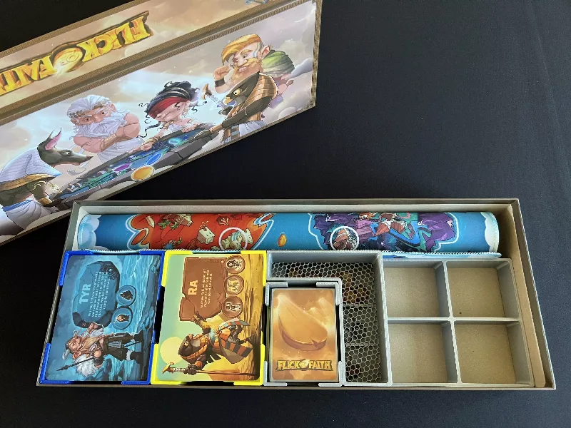 Organizer design for sleeved cards, vertical storage, and zero box lid lift