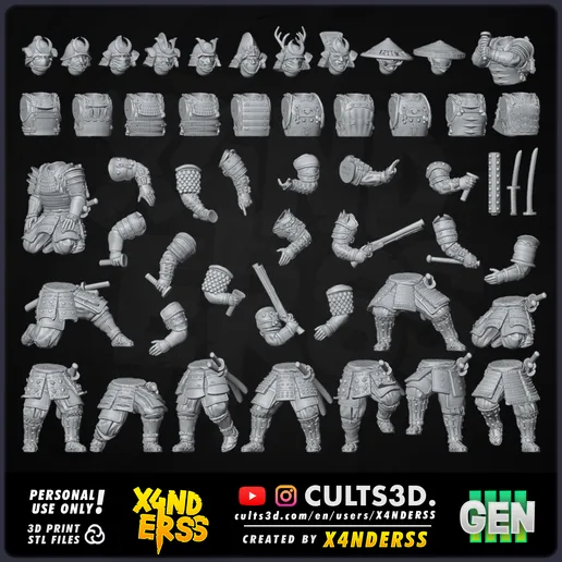 By X4NDERSS • Pack 1 • Gen4 • Legion Scale • x52 STLs • Stylized Modular Miniature Heroic Models Soldiers Soldier Medieval Japan Japanese For Honor Orochi Kensei Samurai Shogun Katana Ronin Warrior