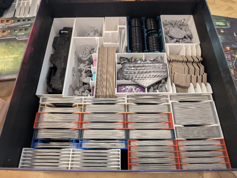 Nemesis Retaliation board game insert/organizer (remix) w/ sleeved cards, sangrevores, neoflesh, xyrians, support squad, stretch goals, terrain, untold stories 4, and acrylics