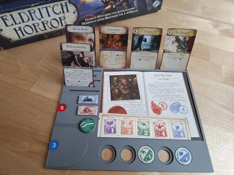 Eldritch Horror Character Sheet with tracker and card holder