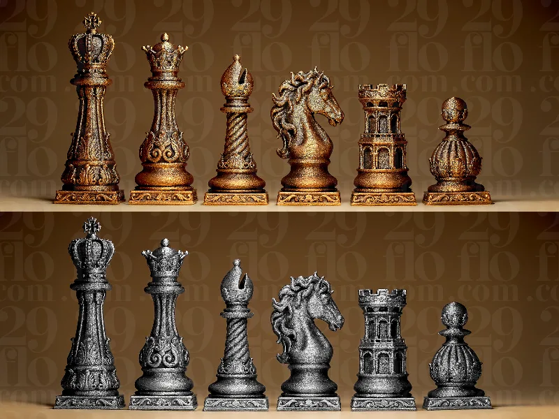 Ornate Baroque Style Complete Chess Pieces Set - Detailed Figures