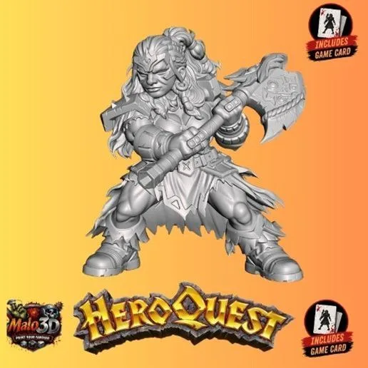 🪓 Dwarf Hero + HeroQuest Character Card – 32mm STL Miniature 🪓