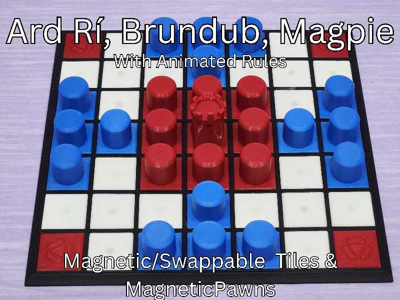 Hnefatafl 7x7 Board W/ Rules - Ard Rí, Brundub, Magpie (Magnetic Tiles & Pawns / Swappable Tiles)